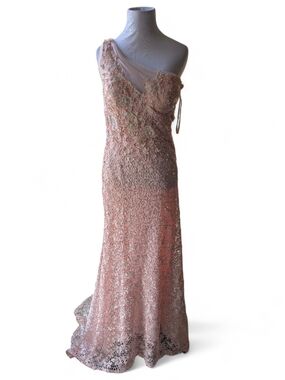 Dave & Johnny One-Shoulder Blush Pink Lace Heavily Beaded Gown With Train